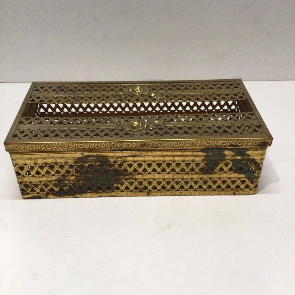 Vintage Brass Tissue Box Holder Gold Filigree Hollywood Regency Roses